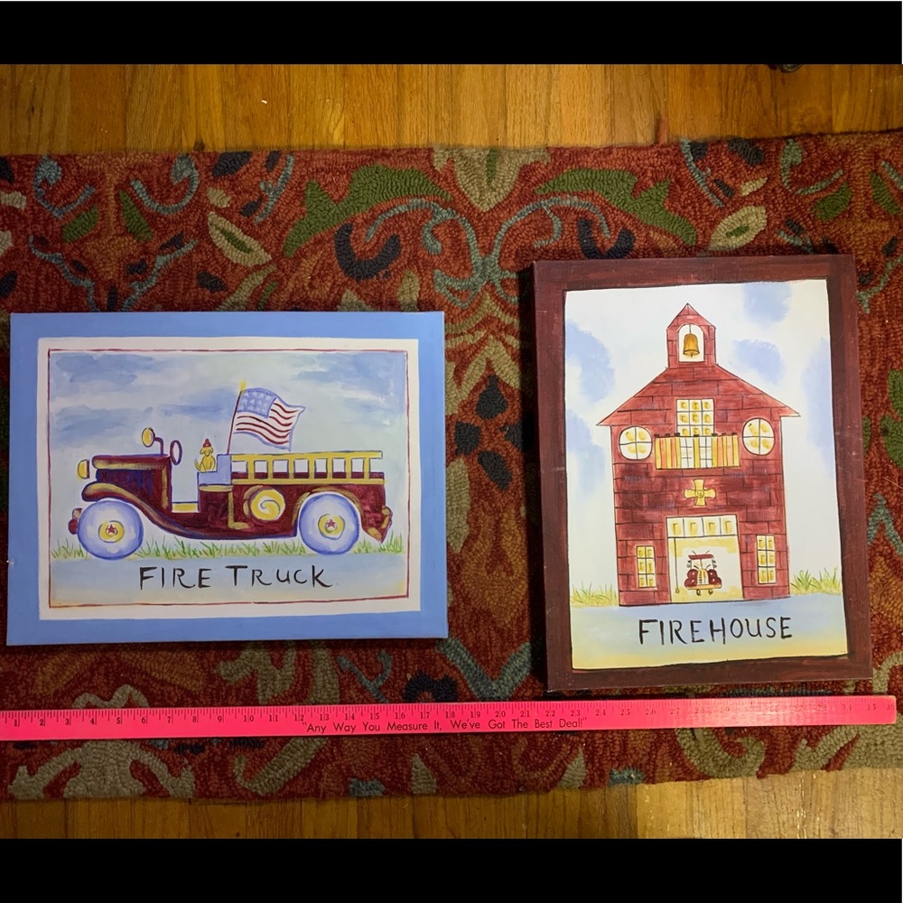 Pottery Barn paint on canvas fire truck & fire station set